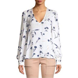 JOIE Yadra White Floral Double Faced 100% Silk Georgette V-Neck Blouse, Size L